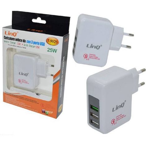 Linq - Alimentatore Da Rete Casa Adattatore Usb 3 Porte Usb 3.0 25w Ricarica Rapida T-9v25 -