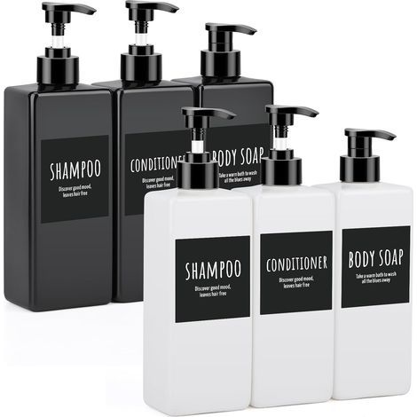 6-teiliges Seifenspender-Set – Pumpflasche – 500 ml Fassungsvermögen & 43 Etiketten inklusive – Für Bad und Küche – Schwarz-Weiß – 500 ml (1/5)