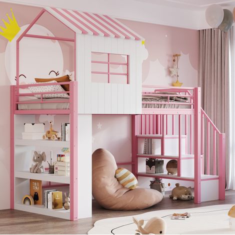 Kinder-Hochbett 90x200 mit reversibler Stauraumtreppe, Regal, Rosa und Weiß HAVRYA (1/5)