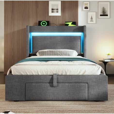 Cama tapizada 90x200 cm gris de lino con almacenaje hidráulico, LED, USB y colchón (1/5)