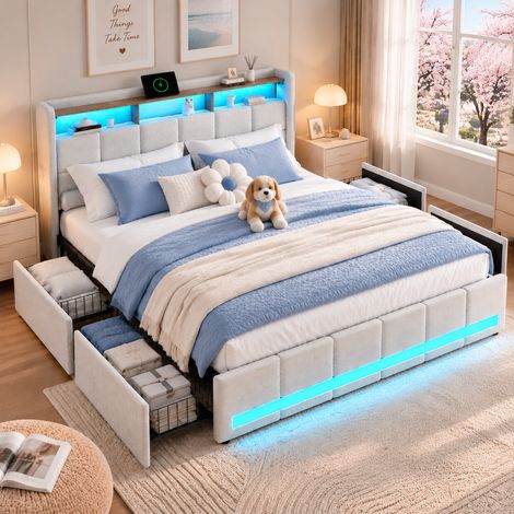 Lit double 140x200cm avec LED, lit coffre avec 4 tiroirs de rangement, tête de lit avec 2 USB et 1 Type-C, sommier à lattes, lin beige