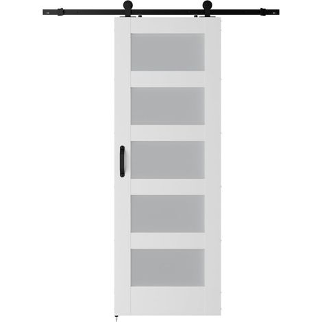 Kit de quincaillerie pour porte de grange Porte de grange en verre à 5 panneaux avec kit de quincaillerie et poignée for porte coulissante, noyau en bois MDF massif et placage en PVC écologique imperm (1/5)