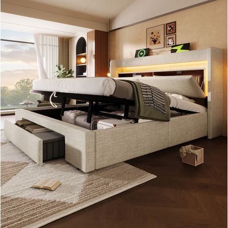 Letto con contenitore in lino beige 140x200 cm con LED, USB/USB-C, testiera contenitore e rete a doghe inclusa (1/5)
