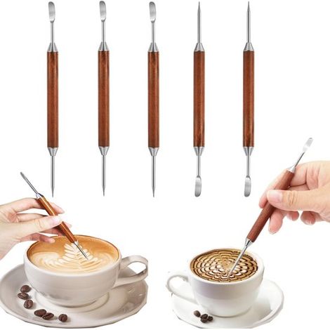 Aiguilles à latte art lot de 5 - outils de dessin à café 15 x 8 cm, brun rouge (1/5)