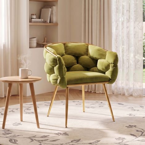 Fauteuil d'appoint métallique luxueux 58x59x75cm chaise coiffeuse design moderne, meuble confortable pour chambre salon salle à manger, vert olive (1/5)