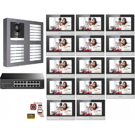 KIT Videocitofono IP Hikvision Condominiale 14 appartamenti Monitor  7" Wifi App
