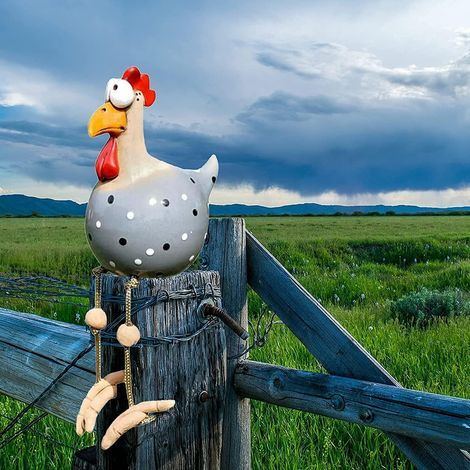 JSSEVN - Chicken-shaped garden decoration (Gray) - 14x8x8 cm - Fence statue - Hens - Garden decoration - Ceramic - Interesting sculpture - Yard gift - Garden decoration (1/5)