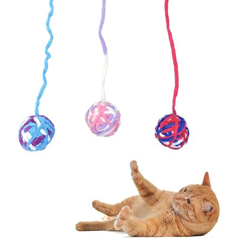 3 Pcs Chat Jouet Boules, Interactif Jouet pour Chaton avec Cloche et Corde, Jouets Boules de Laine colorées ou Chats d'intérieur Jouant (1/5)
