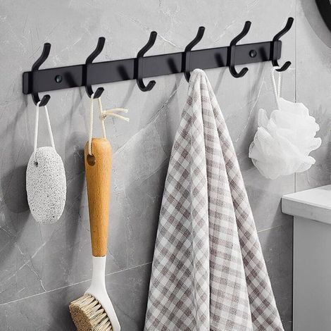 Porte Manteau Mural de 6 Crochets, Patères Porte Manteaux Crochet Mural pour Serviettes en Acier Inoxydable (Noir Mat, 6 Crochets) (1/4)