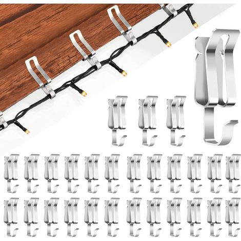 Lot de 60 clips de fixation pour guirlandes lumineuses de Noël extérieures, fixations de plafond en métal, crochets de gouttière réglables pour guirlandes de Noël extérieures