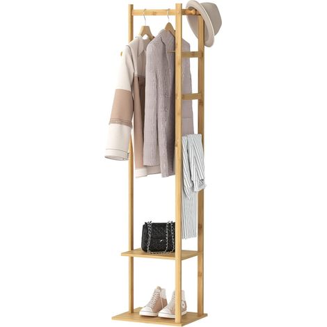 Porte Manteau Sur Pieds Bambou, Portant à Vêtements Polyvalent avec 3 Patères et Tringles Vestiaire d'Entrée Charge max 35kg Idéal Pour Maison Chambre Salon - 155x38x30cm (1/5)