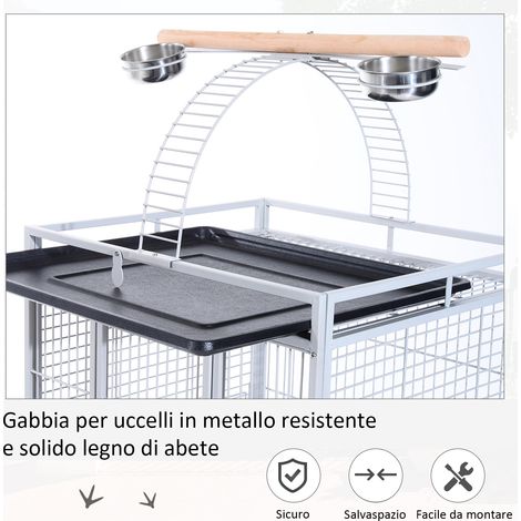 Cage pour oiseaux argentée avec roues, hauteur 161,5 cm, bacs en acier et perchoirs en bois, volière mobile d'intérieur. (1/5)