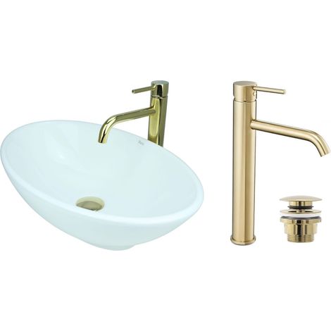 GTM Design Aufsatzwaschbecken 53 cm Glanz Set mit Waschtischbatterie und Stopfen - Aufsatzwaschbecken Oval für Badezimmer - Modernes Waschbecken ohne Hahnloch - Waschbecken mit Armature (1/5)