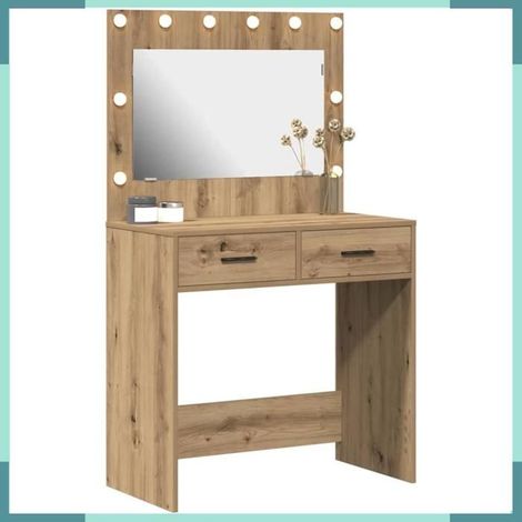 Table de toilette - 865036 - Chêne artisanal - 2 tiroirs - Éclairage miroir USB (1/5)