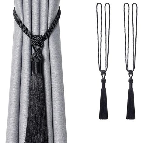 Lot Embrasse de rideaux longues à pompons, faites à la main en corde tressée avec nœuds européens pour décoration de fenêtre et bureau (noir) (1/5)
