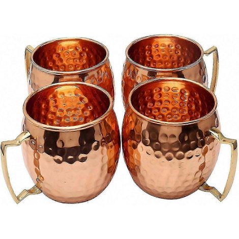Ensemble de 4 tasses en cuivre de 473 ml (16 oz) fabriquées à la main, design martelé avec accents en laiton, pour cocktails - Conservation supérieure de la température et rehaussement des saveurs (1/3)