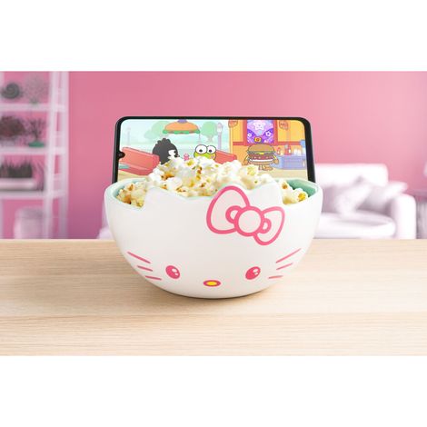 Paladone Hello Kitty Bol de cerámica para aperitivos con soporte para móvil, utensilio de cocina kawaii con licencia oficial Sanrio, regalo para niñas, mujeres, niños y adultos