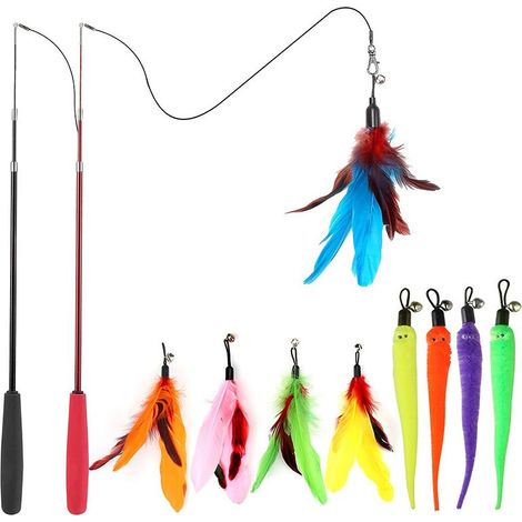 Jouet à plumes pour chats, canne à pêche interactive rétractable avec 9 recharges et deux hameçons de rechange pour chats et chatons d'intérieur. (1/4)