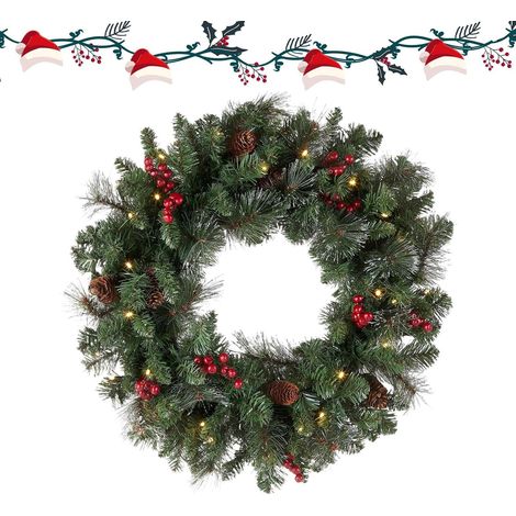 Christmas Wreath with Lights for Front Door, 18-inch Realistic Pine Cone Garland with Hook, Holiday Wreaths for Outside Home Porch Farmhouse Winter Spring Welcome Spring Holiday (1/5)