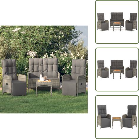 The Living Store Ensemble à manger jardin 4pcs et coussins Gris Résine tressée - Banc de jardin (1/5)
