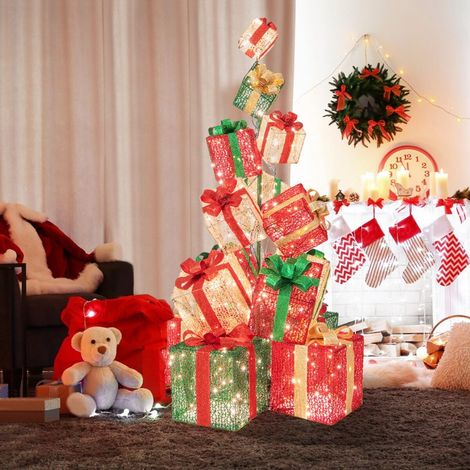 Tour de boîtes cadeaux lumineuses 170 cm avec 15 boîtes pré-illuminées empilées, 450 lumières, base métallique, rubans et nœuds (1/5)
