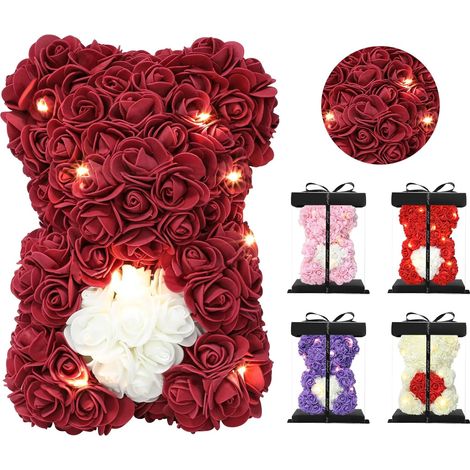 Ours En Roses - 25 Cm - Avec Guirlande Lumineuse - Boîte Cadeau Transparente - 1 Pièce (1/5)