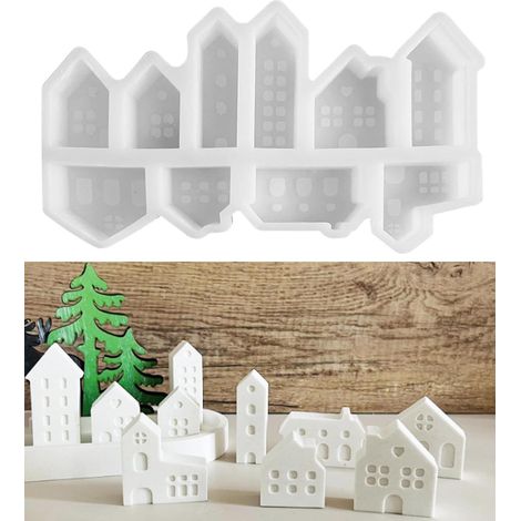 Moules en silicone pour maisons, mini maisons, 12 moules en silicone, pour verser avec plâtre, béton créatif, cire, poudre de coulée, moule maison (Blanc B) (1/5)