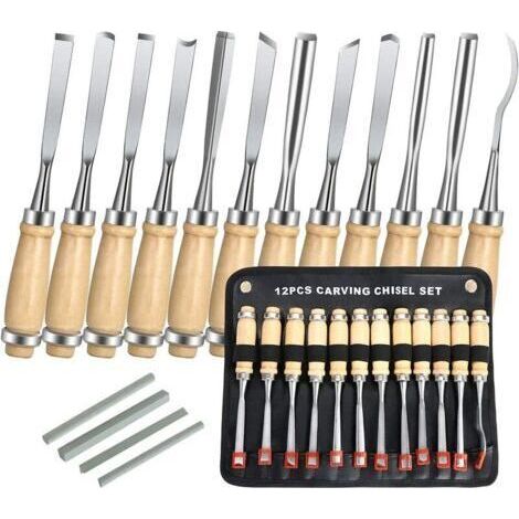 Ciseaux a Bois, 12PCS Outil de Gravure Bois Kit, Décapage Couteau Sculpture sur Bois avec Manche en Bois et Moulinet, pour Débutants, Sculpteur, Charpentier, Amateur (1/5)