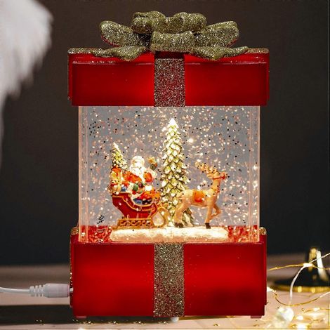 Boule à neige musicale de Noël avec traîneau du Père Noël et rennes, éclairage LED USB, boîte rouge avec nœud doré, 18 cm (1/5)