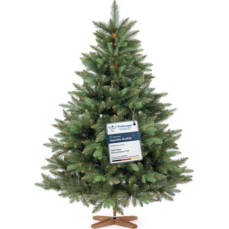 Sapin de Noël artificiel Nordmann 150 cm – Branches en PE réalistes – Pied en bois – Fabriqué en Europe – Fairytrees