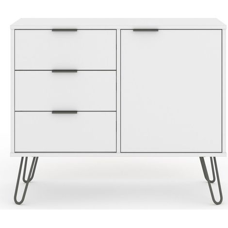 Small Sideboard with 1 Door, 3 Drawers - Manufactured Wood Fibre Board/Metal - 90 x 43 x 73.6 cm - White (1/4)