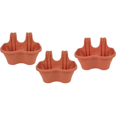 KIT 3 PZ FIORIERA 2 POSTI BALCONE BALCONIERA PLASTICA MARRONE CM 37x28x25 H 607d