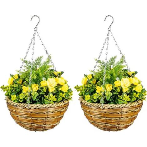 Set of 2 Artificial Flowers Hanging Plants with Basket, Faux Silk Flowers for Indoor Outdoor Garden Patio Balcony Porch Decor, Yellow (1/5)