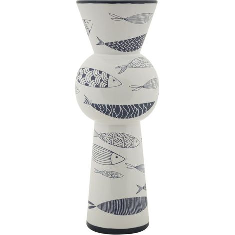 Vaso Fish Tall in ceramica bianca con decoro a pesci blu 14x38,5 cm