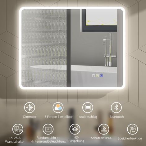 Miroir lumineux salle de bain LED Bluetooth, éclairage variable, fonction anti-buée, réglable