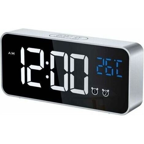 Réveil Numérique, Horloge Numérique LED Horloge Digitale Réveil Aver Température/Snooze/ 2 Alarme/12/24 Heures/Port de Recharge USB/16 musiques (Argenté) (1/5)