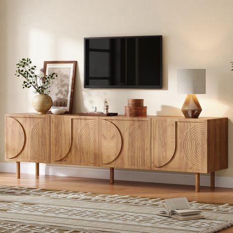 Meuble TV 180 cm, support TV pour téléviseurs 75 pouces, meuble bas à 4 portes et 2 compartiments, meuble TV moderne offrant un grand espace de rangement pour le salon, commode TV avec design en relie (1/5)