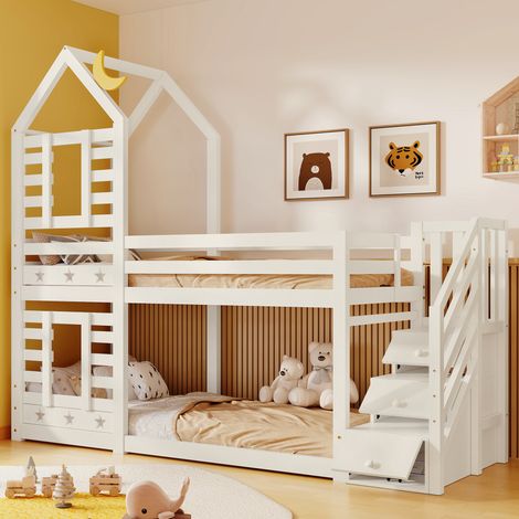 Letto a castello 90x200 cm in legno bianco, contenitore cameretta, senza materasso - FLORAGRACE (1/5)