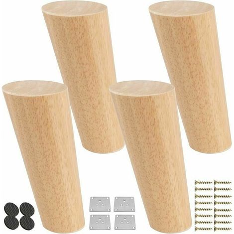 Pieds De Meuble En Chene - 25 Cm - Forme Conique Inclinee - Plaques De Fixation Et Vis Incluses - Pour Table Lit Armoire Fauteuil - Lot De 4