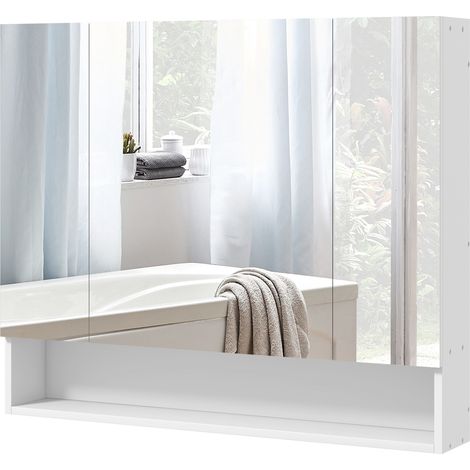 Armoire murale salle de bain avec miroir, armoire de toilette 3 portes miroir, étagères réglables, 90x15x75cm, blanc (1/5)