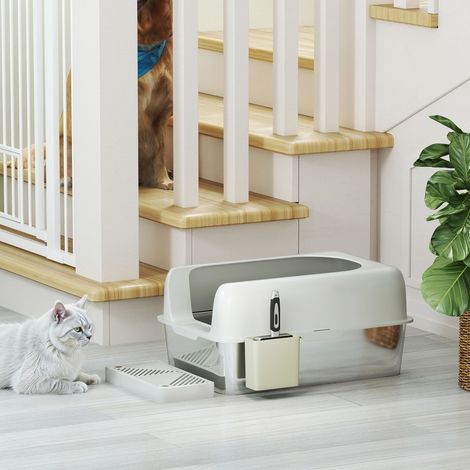 Bac à litière pour chat PawHut, en acier inoxydable, à bords hauts, avec coffre de rangement, gris clair (1/5)