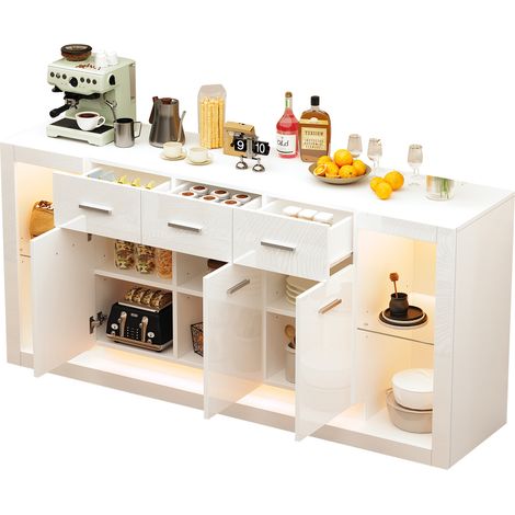 Aparador con 3 Puertas, 3 Cajones, 14 Compartimentos y LED, Frente Brillante, para Salón, en Tablero de Partículas, Blanco, 160×40×75 cm (1/5)