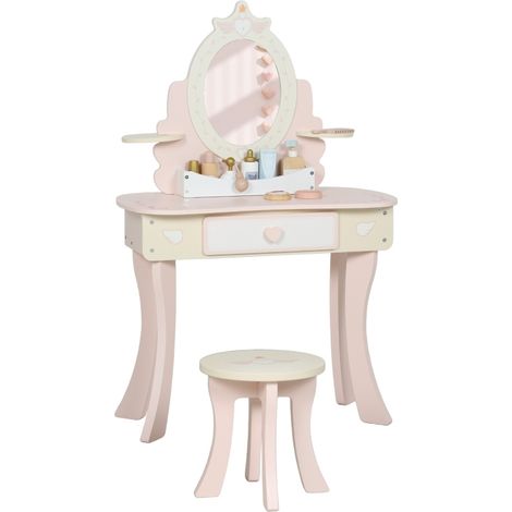 Tocador infantil 2 en 1 con taburete, espejo extraíble y cajón, rosa DESVIAE (1/5)