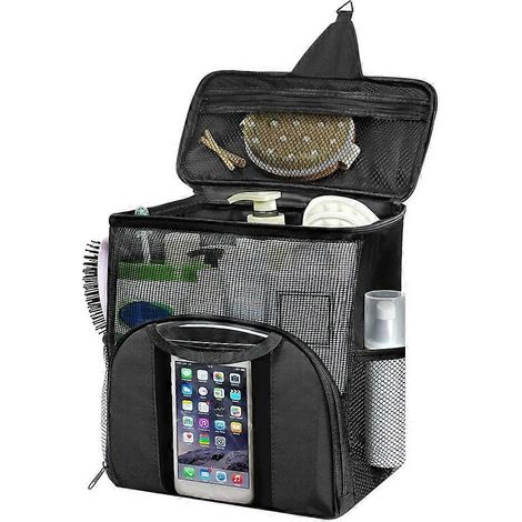 Trousse de toilette portable grande capacité pour douche étudiante, compartiments séparés, noire. (1/5)
