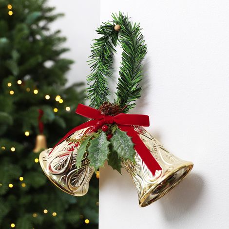 Décoration de sapin de Noël en 3D avec nœud rouge et fruits, double clochette, accessoire de Noël, clochette à suspendre (1/4)