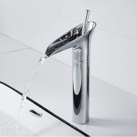 Robinet de lavabo, mitigeur cascade de salle de bain, eau chaude et froide réglable, matériau en laiton chromé, résistant à la corrosion et à la rouille, adapté au lavage des mains de la salle de bain (1/5)