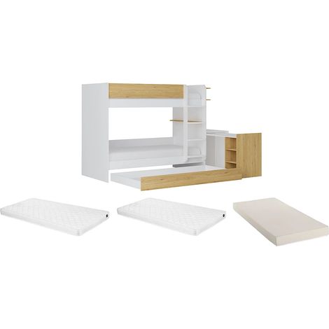 Lit superposé avec tiroir lit gigogne et 2 bureaux 3 x 90 x 190 cm - Coloris : Blanc et naturel + Matelas - DOMATI (1/5)