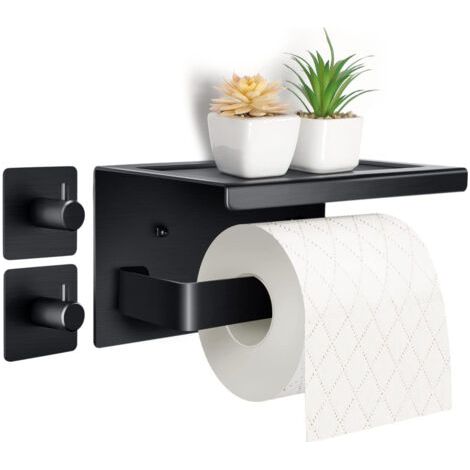 Ahlsen Purpledi Porte Rouleau Papier Toilettes en Aluminium (Perforé/Non perforé) Porte-Rouleau avec étagères Spacieuses Porte Rouleau Papier Toilette Noir Auto-adhésif avec Tablette (1/5)