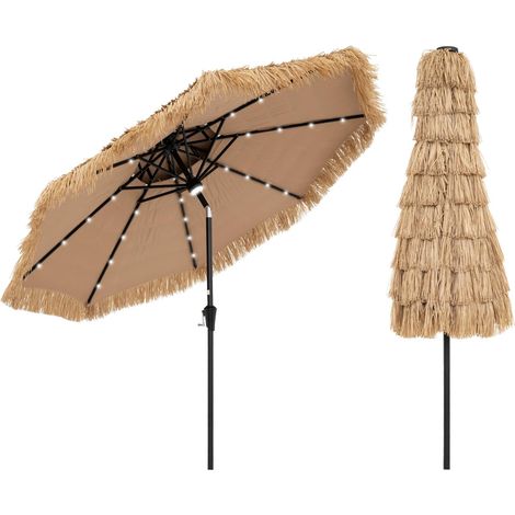 COSTWAY Parasol de Jardin Exterieur Ø 290 cm, Parasol Plage Hawaïen en 9 Couches Paille, 35° Inclinaison et Manivelle, 32 Lumières LED Solaire, 8 Baleines, pour Jardin Plage Piscine (1/5)