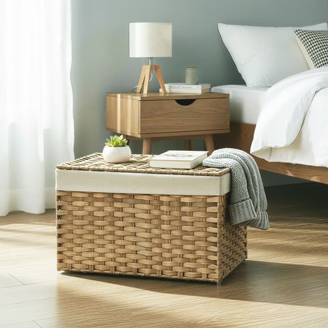 Panier de rangement de 65 L avec couvercle, bac de rangement pliable, panier de rangement en osier pour couvertures avec poignées, doublure amovible, naturel (1/5)